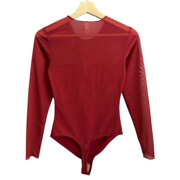 Popilush Shapewear Illusion Mesh Long Sleeve Tummy Control Bodysuit Red Small - Picture 2 of 6